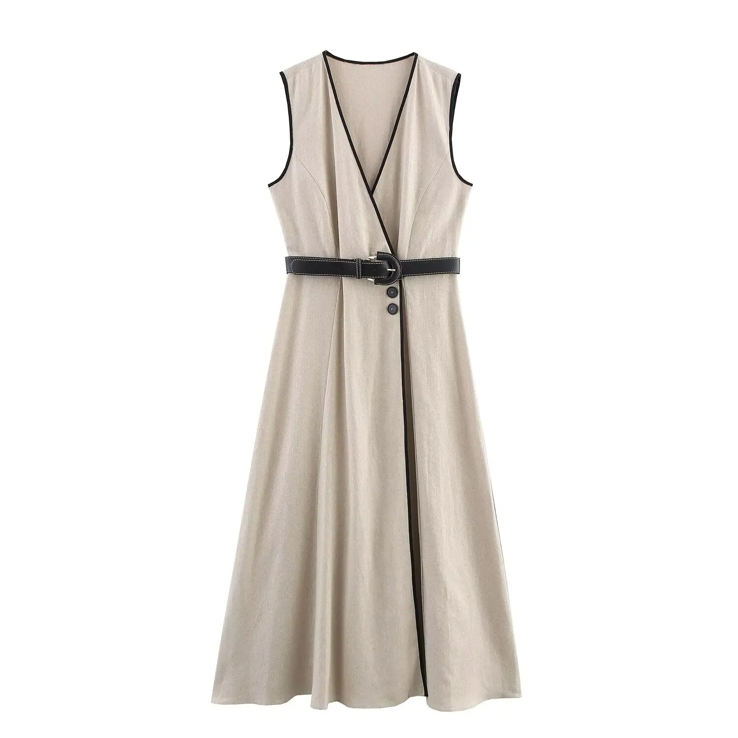Mila | V-Neck Single-Breasted Sleeveless Midi Dress with Belt