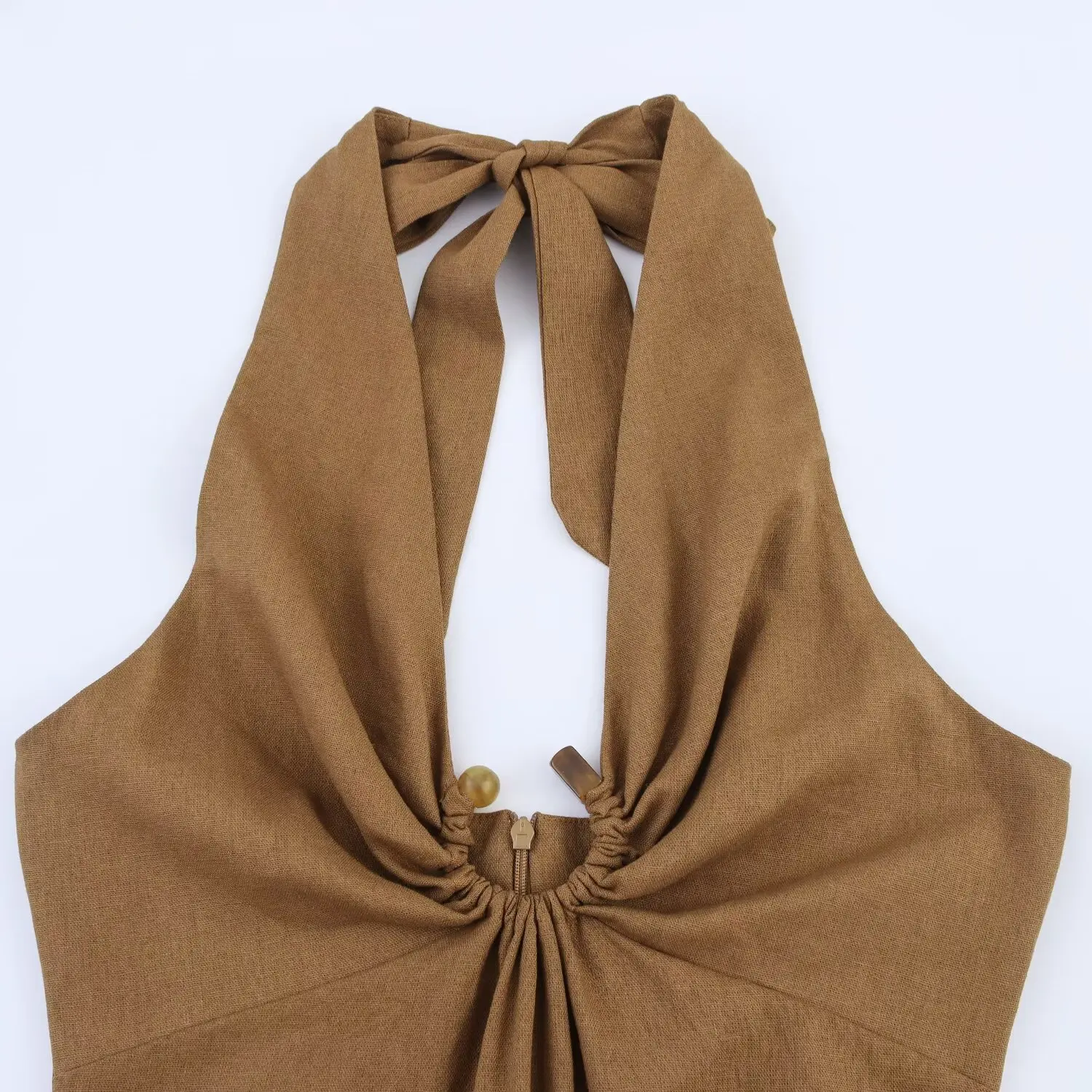 Hazel | Linen Midi Dress with Buckle Detail and Open Back