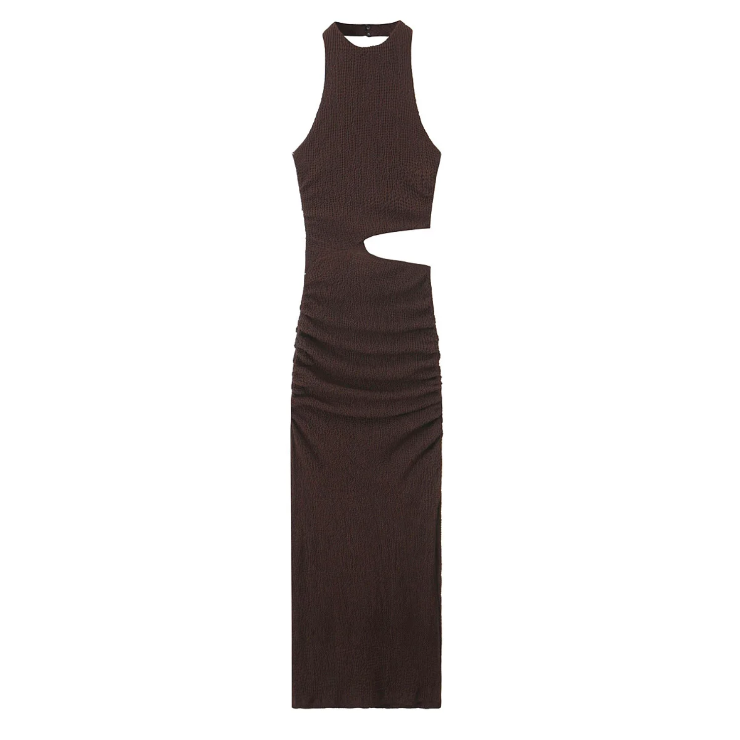 Nora | Textured Halter Neck Midi Dress with Hollow Back Design