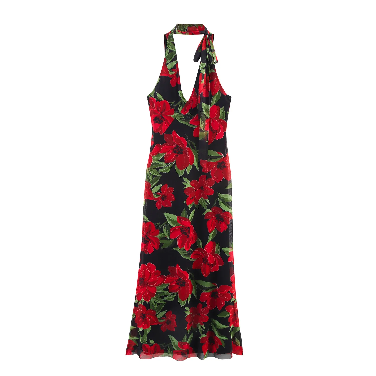 Daisy | Printed Tulle V-Neck Sleeveless Dress with Scarf Detail