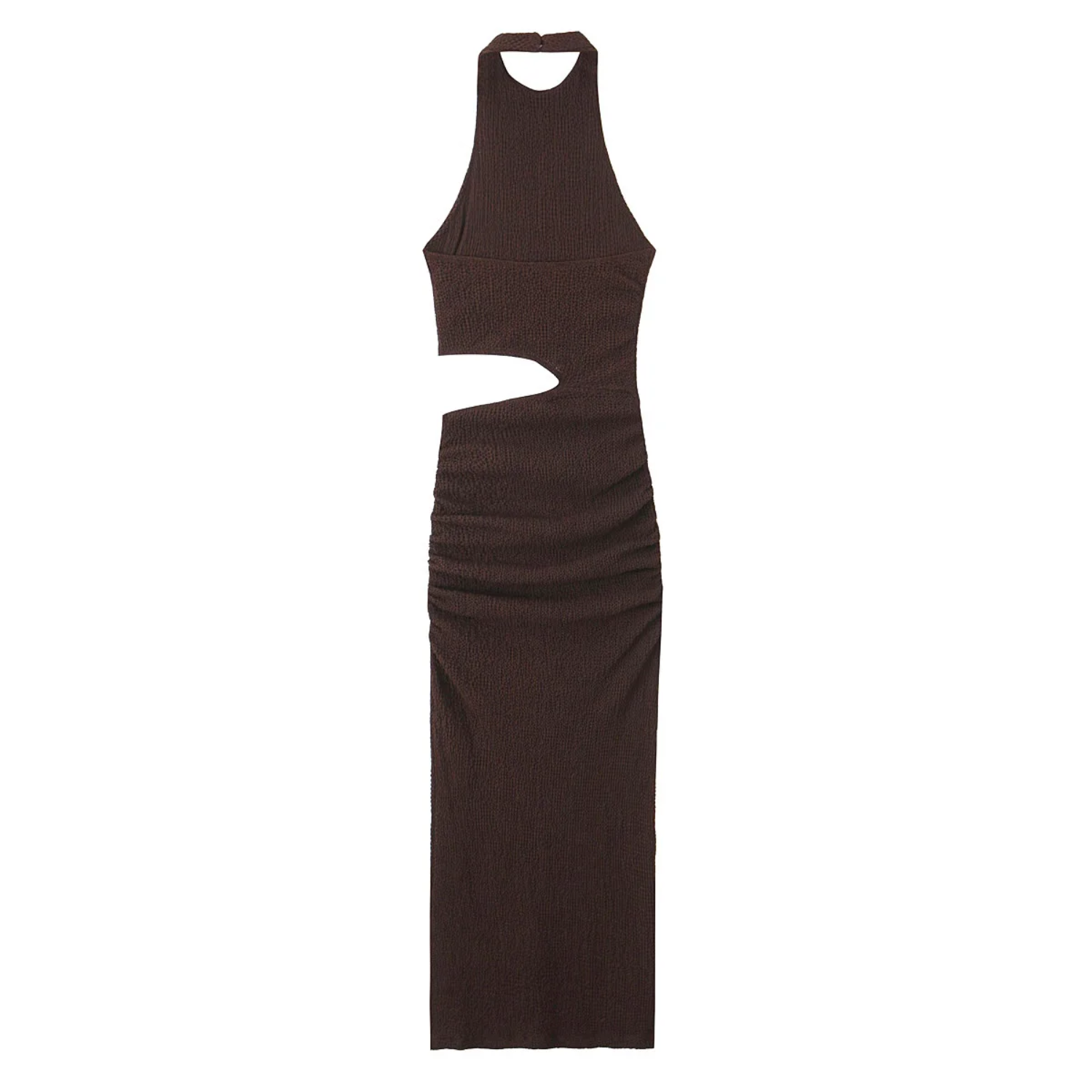 Nora | Textured Halter Neck Midi Dress with Hollow Back Design