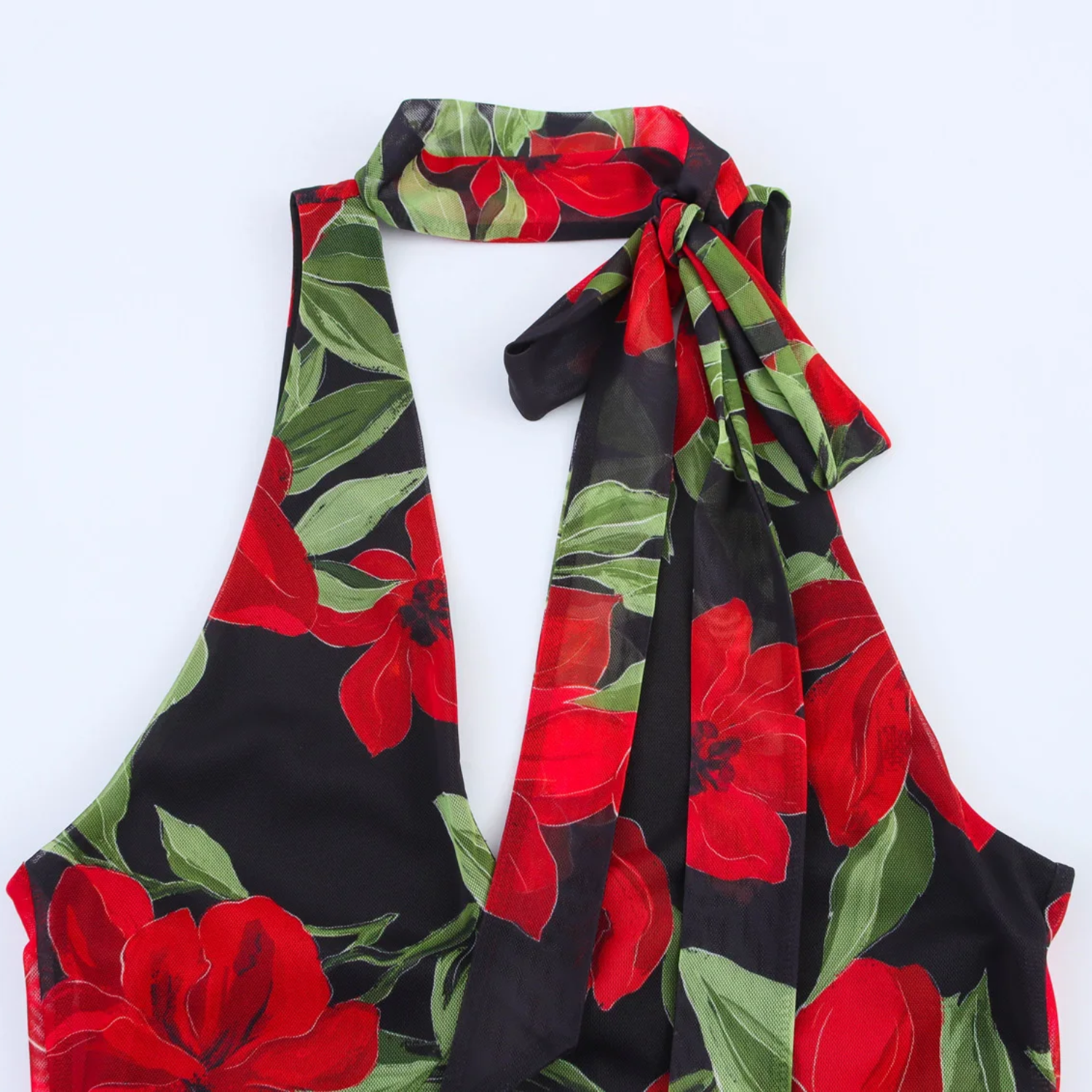 Daisy | Printed Tulle V-Neck Sleeveless Dress with Scarf Detail