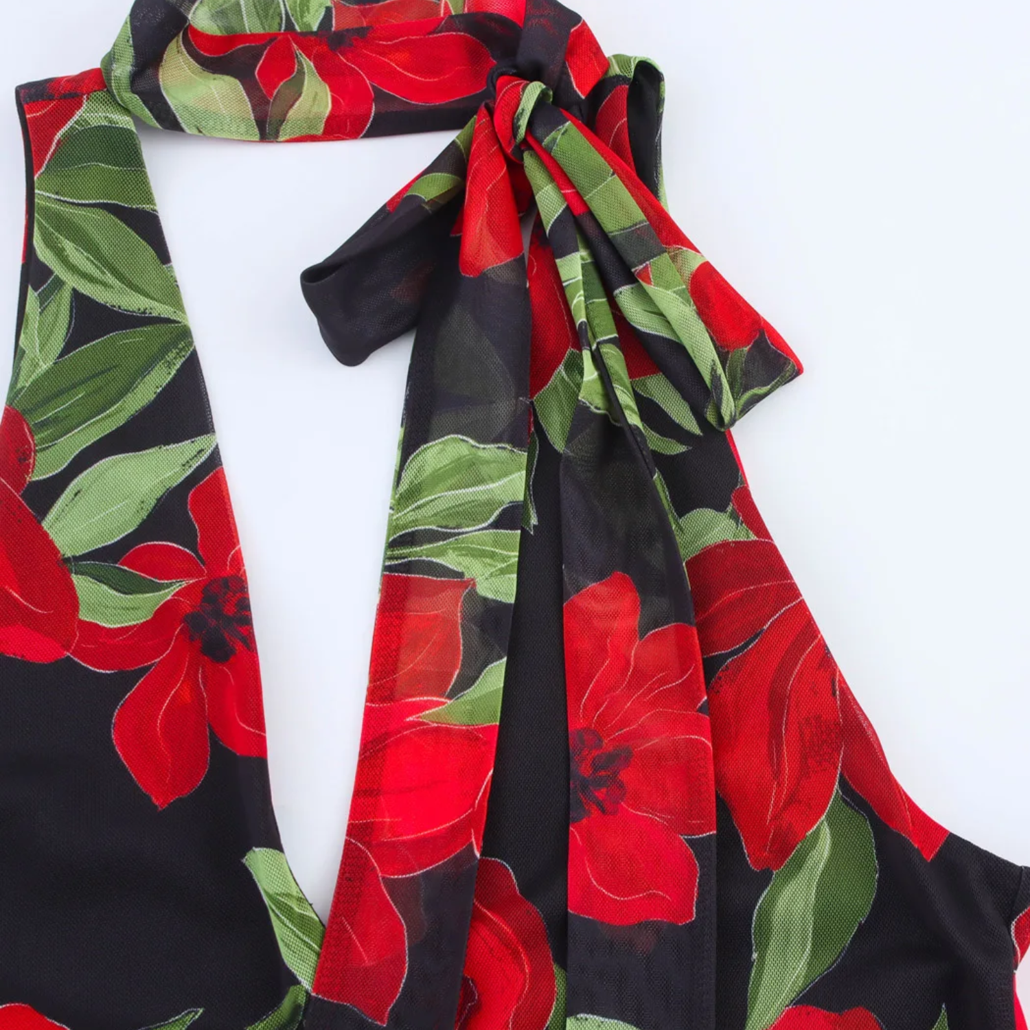 Daisy | Printed Tulle V-Neck Sleeveless Dress with Scarf Detail